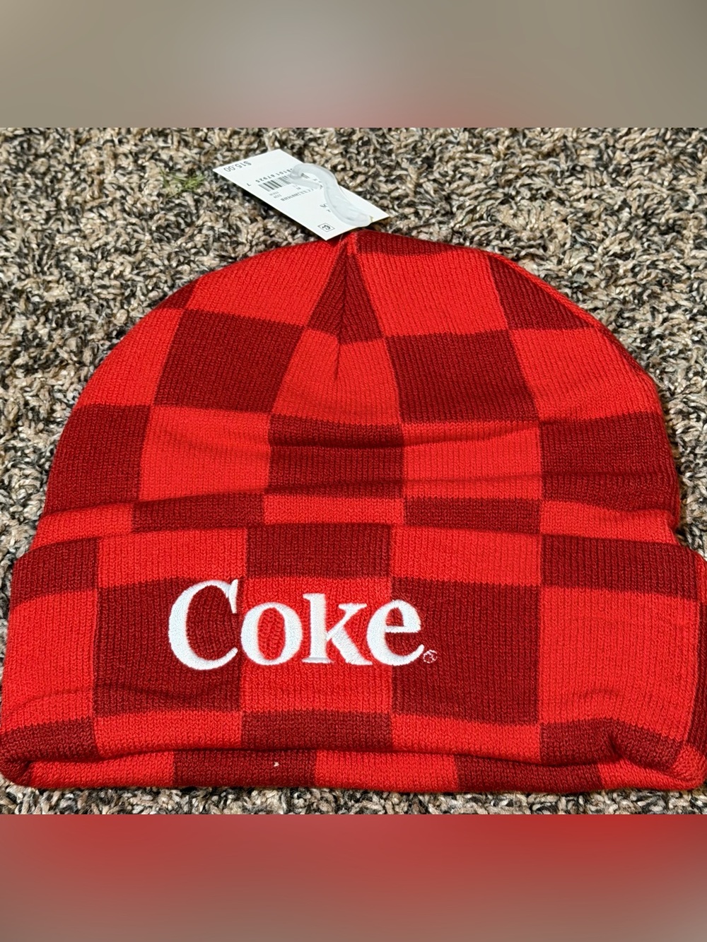Coke Red Checker Knit Beanie NWT